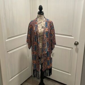 LulaRoe Monroe Red and Blue With Black Fringe Kimono Size L